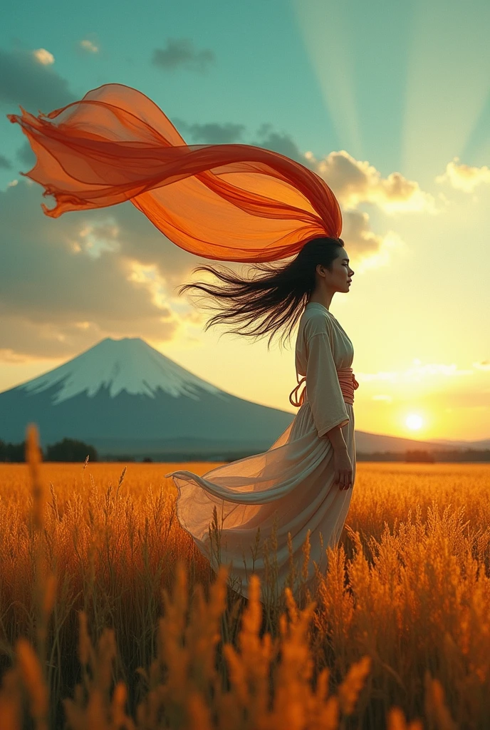 A vibrant background of colors. The dominant colors include shades of muted gold, teal, orange, and purple. The focal point is a woman standing in a field in profile, holding a large, very long, billowy scarf in the wind over her head. Her hair is long and blowing . Hyper photo realistic. Large plot, typography, photo, conceptual art, painting, illustration, fashion, 3d render, portrait photography, cinematic, dark fantasy,japanese woman, mt.fuji