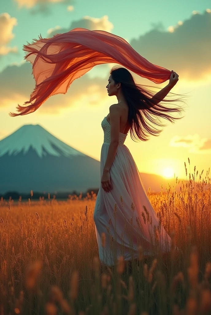 A vibrant background of colors. The dominant colors include shades of muted gold, teal, orange, and purple. The focal point is a woman standing in a field in profile, holding a large, very long, billowy scarf in the wind over her head. Her hair is long and blowing . Hyper photo realistic. Large plot, typography, photo, conceptual art, painting, illustration, fashion, 3d render, portrait photography, cinematic, dark fantasy,japanese woman, mt.fuji