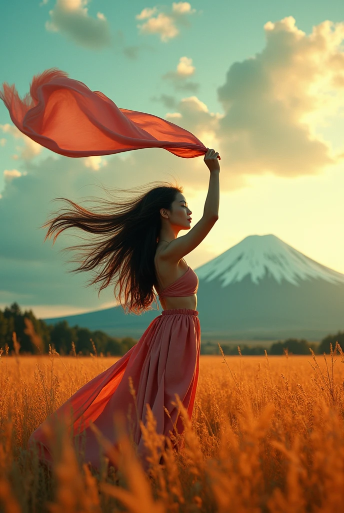 A vibrant background of colors. The dominant colors include shades of muted gold, teal, orange, and purple. The focal point is a woman standing in a field in profile, holding a large, very long, billowy scarf in the wind over her head. Her hair is long and blowing . Hyper photo realistic. Large plot, typography, photo, conceptual art, painting, illustration, fashion, 3d render, portrait photography, cinematic, dark fantasy,japanese woman, mt.fuji 