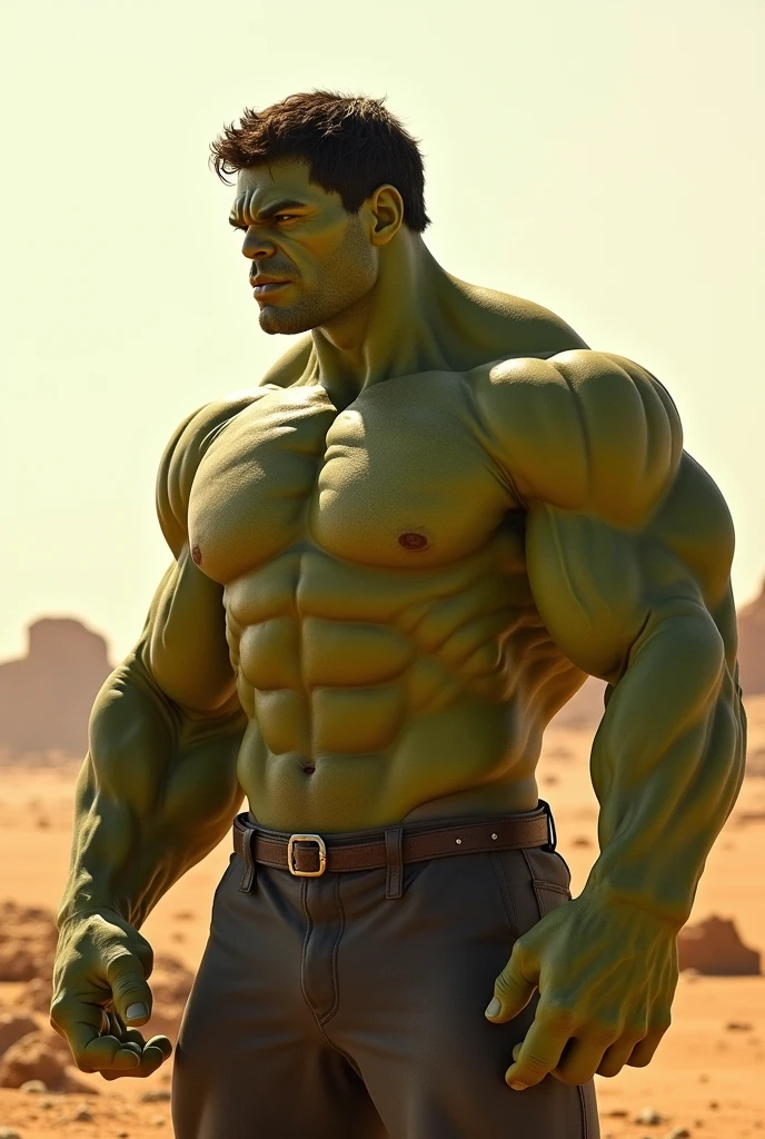 Hulk from marvel,view from side, stand pose, side body profile, Photo taken during the day in the desert, lots of sunshine and intense sunlight, dry skin, muscular muscles, blood vessels exploding, muscles clearly visible behind the skin, fat percentage 0%