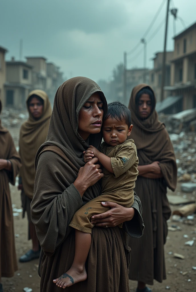 Creating poor women and children in a war scenario crying desperately 