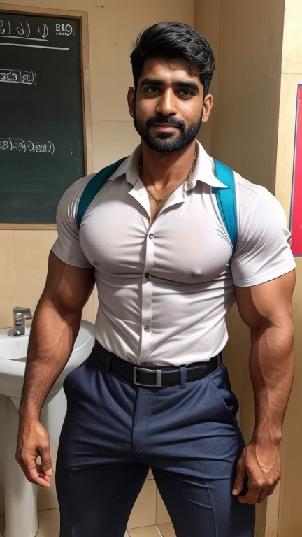 Handsome indian 35 years old GURJAR school physical teacher, head to thighs standing in school toilet with spread legs