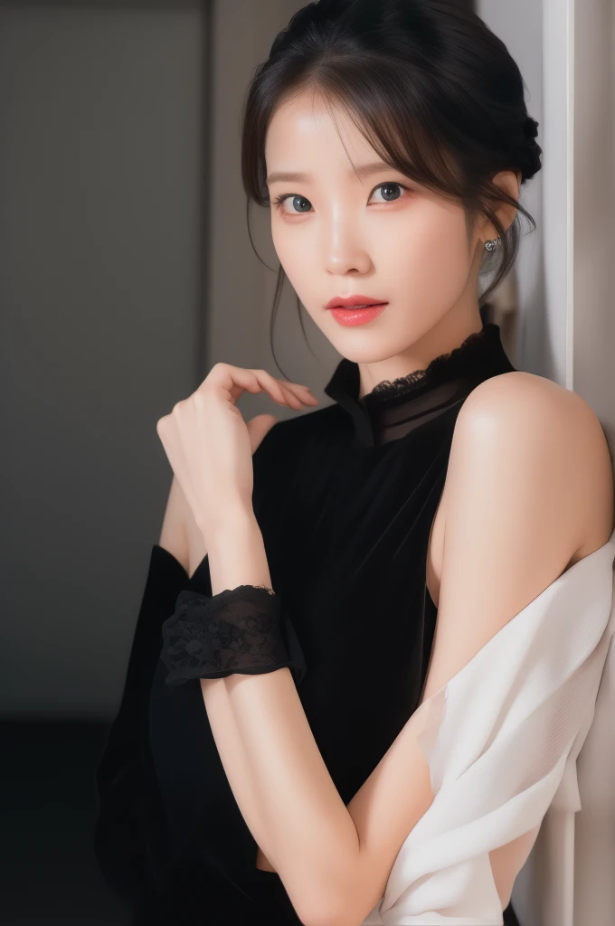 iu1,1girl, solo, (realistic),(hyperrealism),(best quality),(masterpiece),(ultra high res),(photorealistic),(film grain),(upper body),eye makeup,detailed eyes,detailed face,black dress, posing for a photo, at the hallway