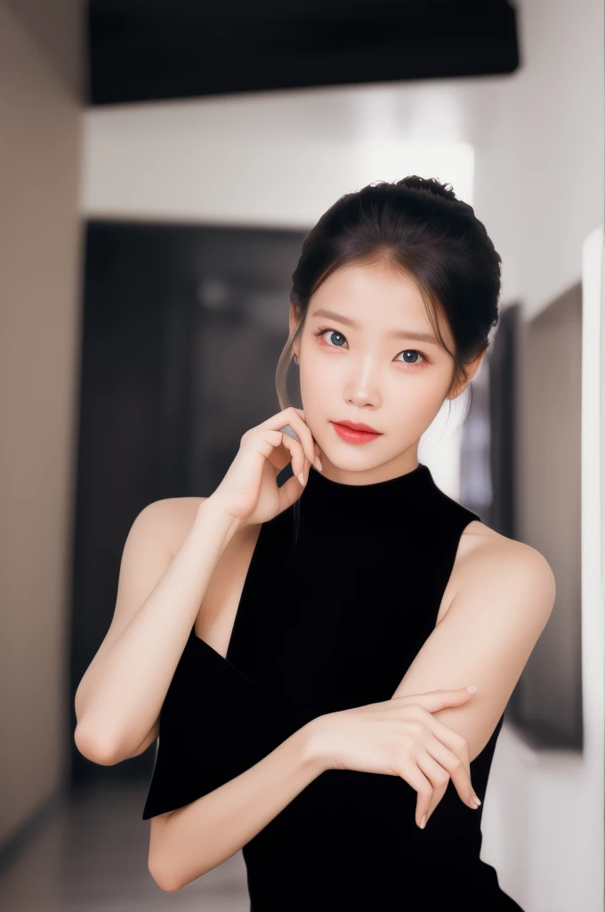 iu1,1girl, solo, (realistic),(hyperrealism),(best quality),(masterpiece),(ultra high res),(photorealistic),(film grain),(upper body),eye makeup,detailed eyes,detailed face,black dress, posing for a photo, at the hallway 
