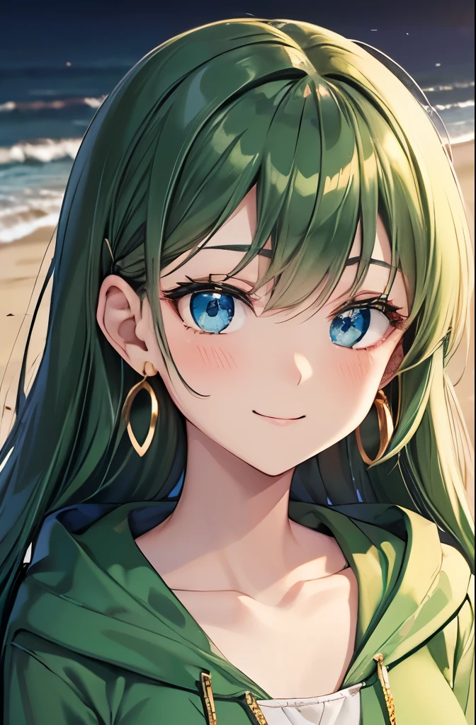 Voluminous dark green hair, front view, dark dark dark green hair color emphasis, long straight hair, big droopy eyes, blue eyes, kind young pretty face, gentle droopy eyes, wearing green hoodie with the word GO on it, holding GO board, shy, smiling without opening mouth, Gold earrings in the shape of the number 5, gold hair clip, sparkling eyes, walking on the beach, focus on face, fresh smile, green floral hoodie, in a dark room, high quality, gold number 5 earrings, big droopy eyes, blue eyes, close-up of face, small breasts, five fingers, two hands, background without shadow, high quality, on face Focus.