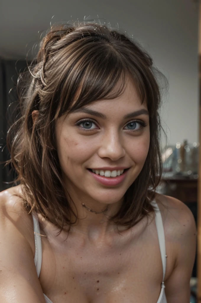 (white teeth:1.5), realist, photorealistic, (masterpiece:1.5), Conceptual art, intricate details, Very detailed, photorealistic, Octane rendering, 8k, unreal engine, dynamic pose, Best Quality, High resolution, (realistic face:1.1), (Hyper realistic:1.1), ((Whole body)),big breasts, extremely short waist, Perfect eyes,(shiny skin:1.2), (((short hairstyle))), (((perfect hands))), (extremely detailed background), ((dynamic background)), (Light rays), ((detailed big eyes, High quality eyes, high quality face)), (((hairstyle with bangs))),  epic, depth of field, bokeh, 4k, Gothic,  mountain background, lightning, bright blue eyes, at night,kkw-ph1, bhands, bhands-neg