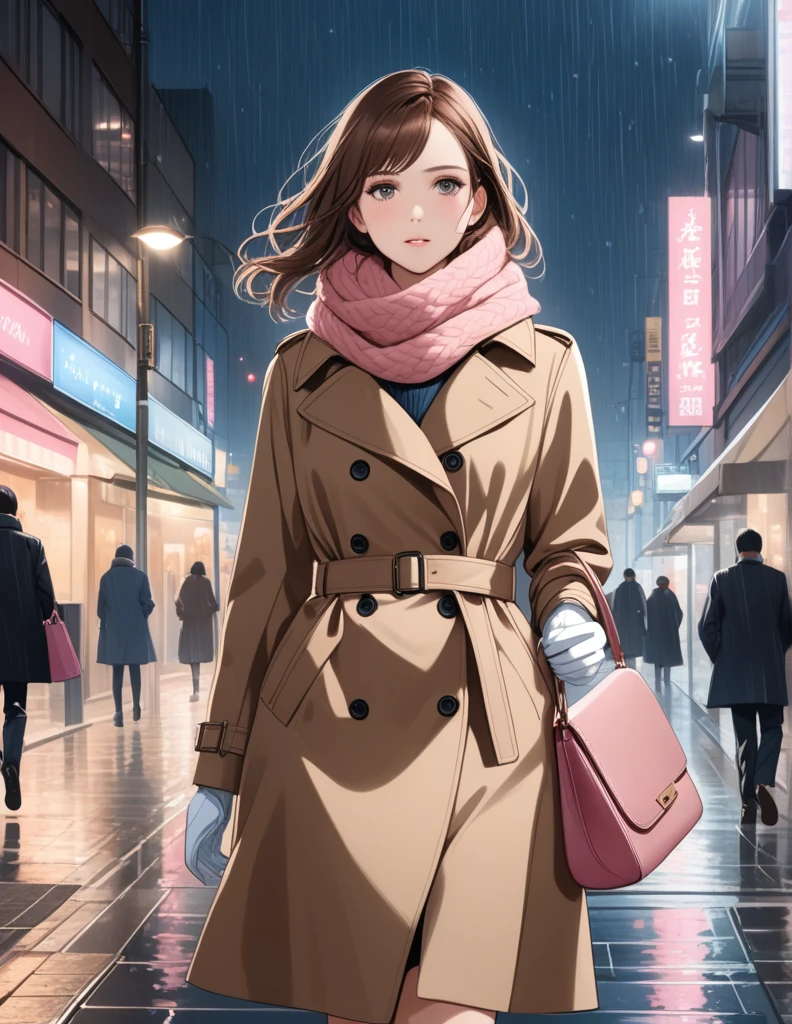 Masterpiece, hd, 1girl with long brown hair wearing a fully buttoned up closed and beige belted buckle knee-length trench coat with a tucked up large pink winter wool scarf and white gloves carrying her large pink purse blown by the hard wind at the hard rainy night city street full body 8k)