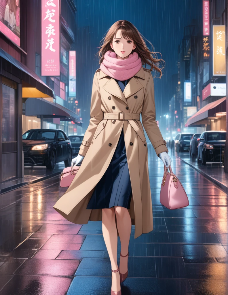 Masterpiece, hd, 1girl with long brown hair wearing a fully buttoned up closed and beige belted buckle knee-length trench coat with a tucked up large pink winter wool scarf and white gloves carrying her large pink purse blown by the hard wind at the hard rainy night city street full body 8k)