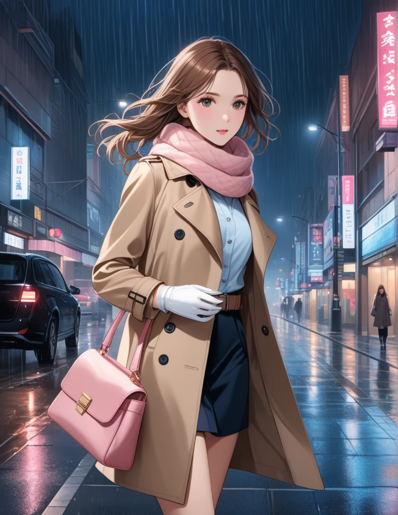 Masterpiece, hd, 1girl with long brown hair wearing a fully buttoned up closed and beige belted buckle knee-length trench coat with a tucked up large pink winter wool scarf and white gloves carrying her large pink purse blown by the hard wind at the hard rainy night city street full body 8k)