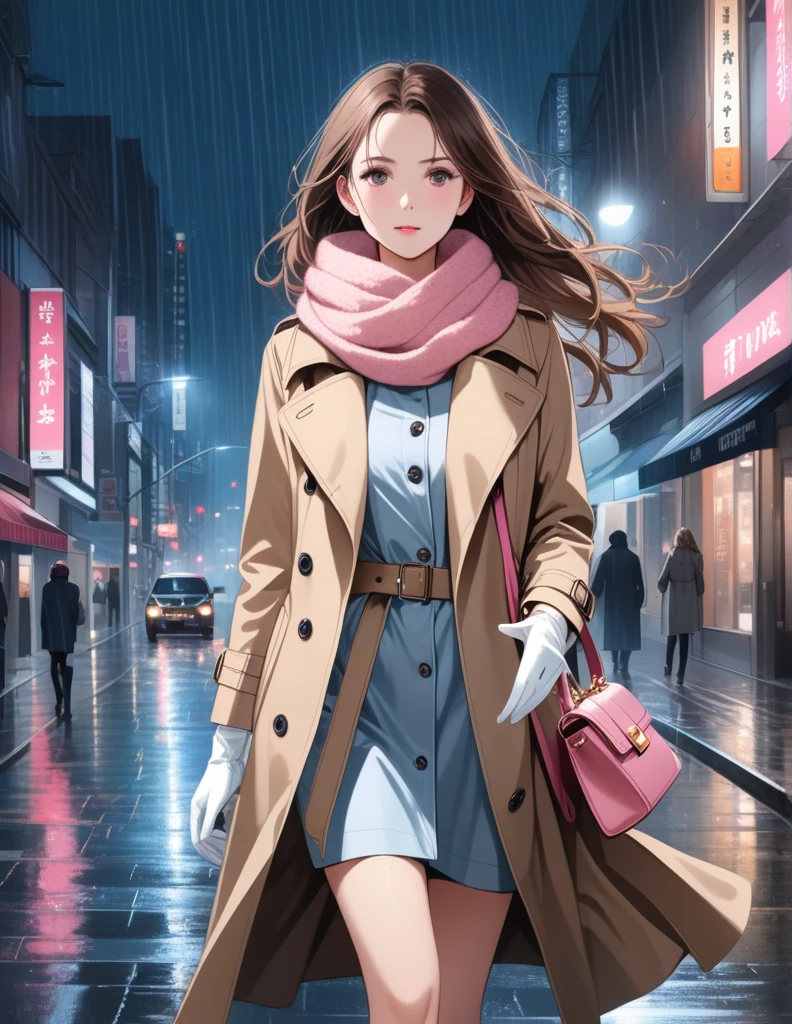 Masterpiece, hd, 1girl with long brown hair wearing a fully buttoned up closed and beige belted buckle knee-length trench coat with a tucked up large pink winter wool scarf and white gloves carrying her large pink purse blown by the hard wind at the hard rainy night city street full body 8k)