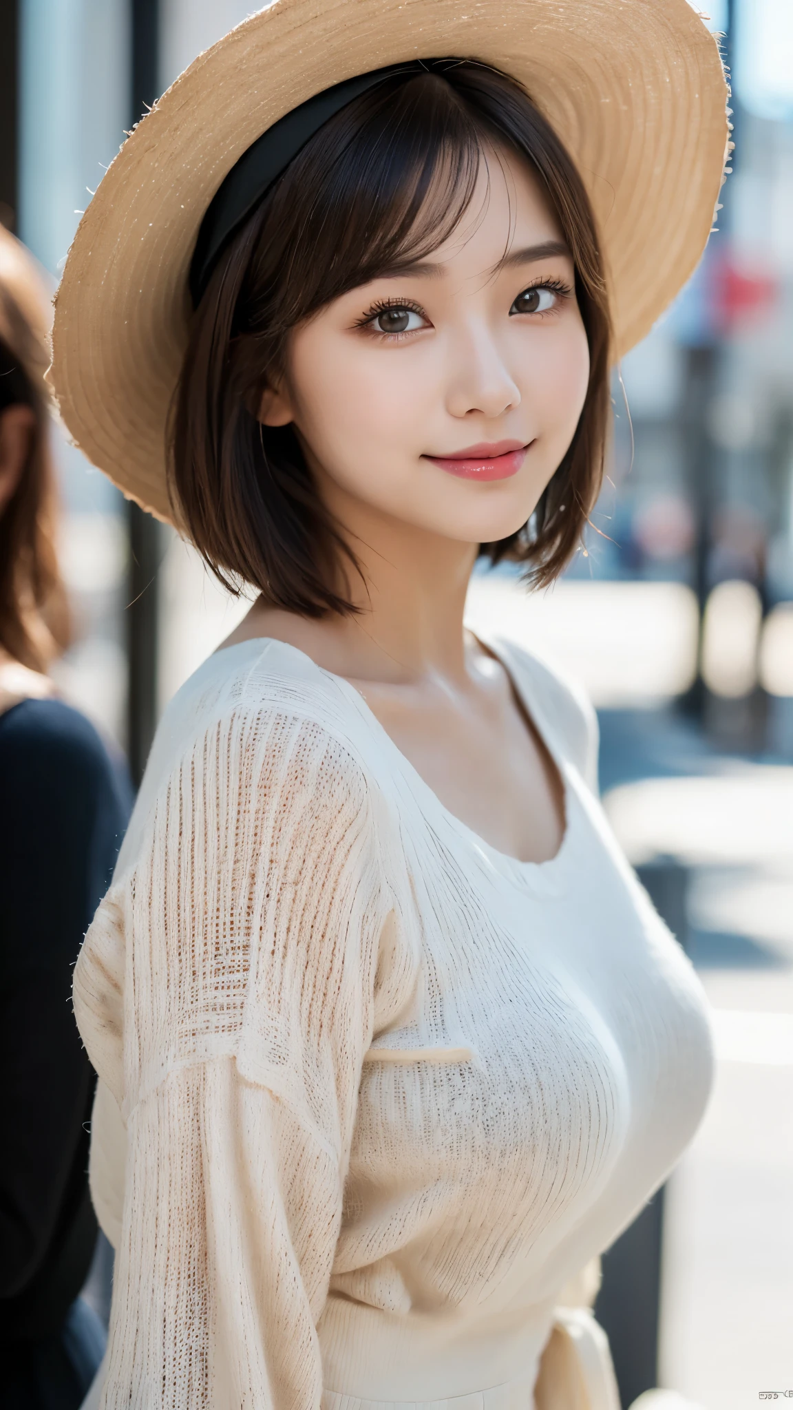 (photorealistic, 32k, RAW photo, best quality: 1.5), (masterpiece:1.3), (absurdres, attractive, ultra high resolution, ultra realistic, highly detailed, golden ratio, ultra detailed), (Beautiful Japanese teenager female, super fucking beautiful detailed face), natural makeup, detailed cloth texture, detailed hair texture, beautiful detailed fullbody, Perfect female body, accurate, Anatomically correct, Highly detailed face and skin texture, (beautiful hands), (realistic skin), (beautiful pale skin:1.1),  (Perfect dynamic composition, looking at viewer:1.3), (full body shot:1.3), 
BREAK, 
realistic eyes, beautiful detailed eyes, symmetric eyes, Light Brown eyes, Double eyelids, Thin eyebrows, (Glossy lips:1.4), ((A face with waiting for a kiss, Shy Smile:1.2)), (blush:1.1), 
BREAK, 
((short hair, bob, Dark blonde hair, bangs:1.2)), (Sunny day, Watching the festival on a street corner:1.3), (white blouse, black jumper dress, straw boater hat :1.4),
