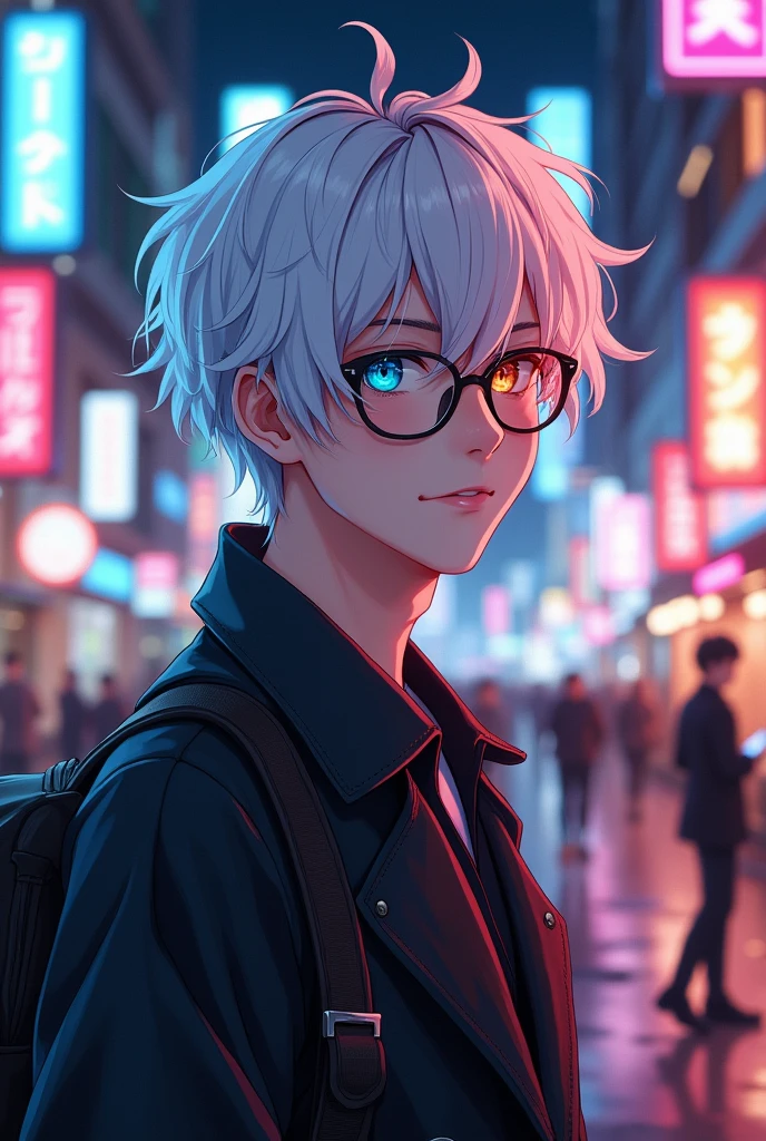 Young man with white hair and black tips and two-colored eyes and anime-style glasses 