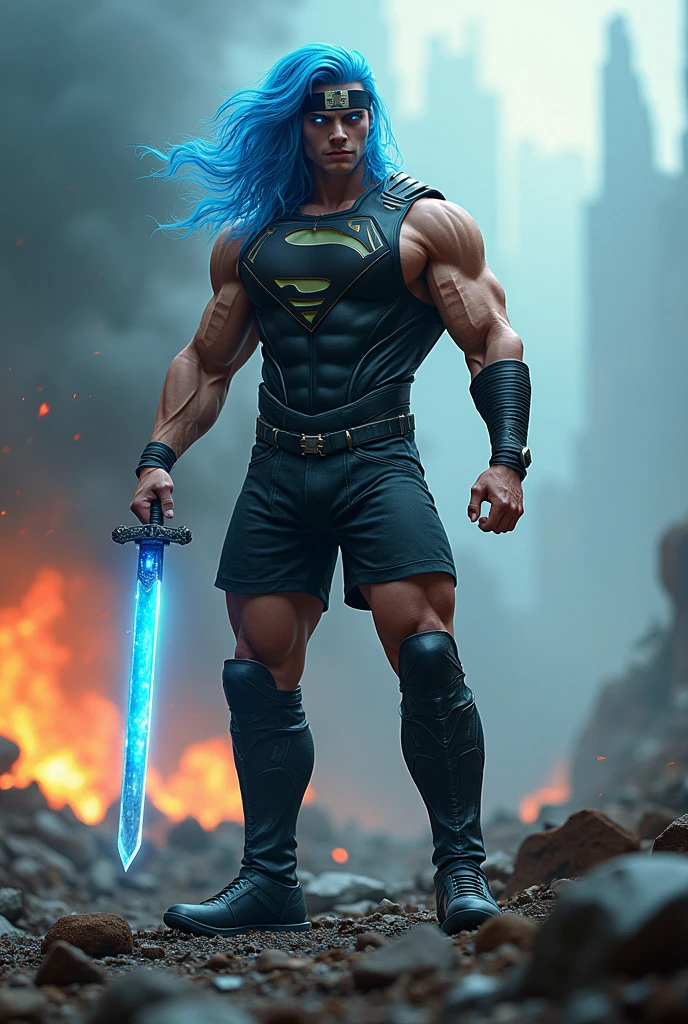 The most muscular superman in the universe
A wide angle, full body shot), (masterpiece, photorealistic:1.4, extremely intricate:1.3), (photon mapping, radiosity, physically based rendering, ultra resolution, hyper-realistic, photorealistic:1.4, hyper-realistic, 8K), ((((humid teenage 20year, [bodybuilder:supermodel:0.8], (wide eyes, long lashes, Black leather vest, leather shorts and Knee high boots:0.8, etched, engraving)), electric blue eyes), angry, arrogant, BREAK, ((((background is a futuristic battlefield, she is a juggernaut, muscular), long black leather gloves, (((glowing cybernetic chrome crystal reflections, standing, weilding a samurai sword, cleavage, from below), chrome cyborg headband), dynamic fighting action pose), ultra long wavy ([blue hair: electric blue hair:0.7], volumetric, shadows)))