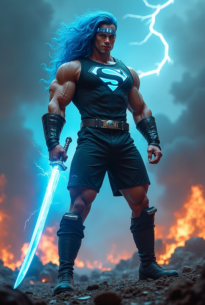 The most muscular superman in the universe
A wide angle, full body shot), (masterpiece, photorealistic:1.4, extremely intricate:1.3), (photon mapping, radiosity, physically based rendering, ultra resolution, hyper-realistic, photorealistic:1.4, hyper-realistic, 8K), ((((humid age 20year, [bodybuilder:supermodel:0.8], (wide eyes, long lashes, Black leather vest, leather shorts and Knee high boots:0.8, etched, engraving)), electric blue eyes), angry, arrogant, BREAK, ((((background is a futuristic battlefield, she is a juggernaut, muscular), long black leather gloves, (((glowing cybernetic chrome crystal reflections, standing, weilding a samurai sword, cleavage, from below), chrome cyborg headband), dynamic fighting action pose), ultra long wavy ([blue hair: electric blue hair:0.7], volumetric, shadows)))