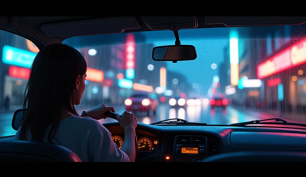 animation style, Illustration, The rainy night streets seen through the car window, shower