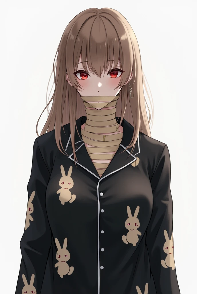 Drawing of female character, long light brown hair, bangs in the middle reaching to her mouth, neck wrapped in medical tape, red eyes, wearing black pajamas with rabbit patterns, standing, background white
