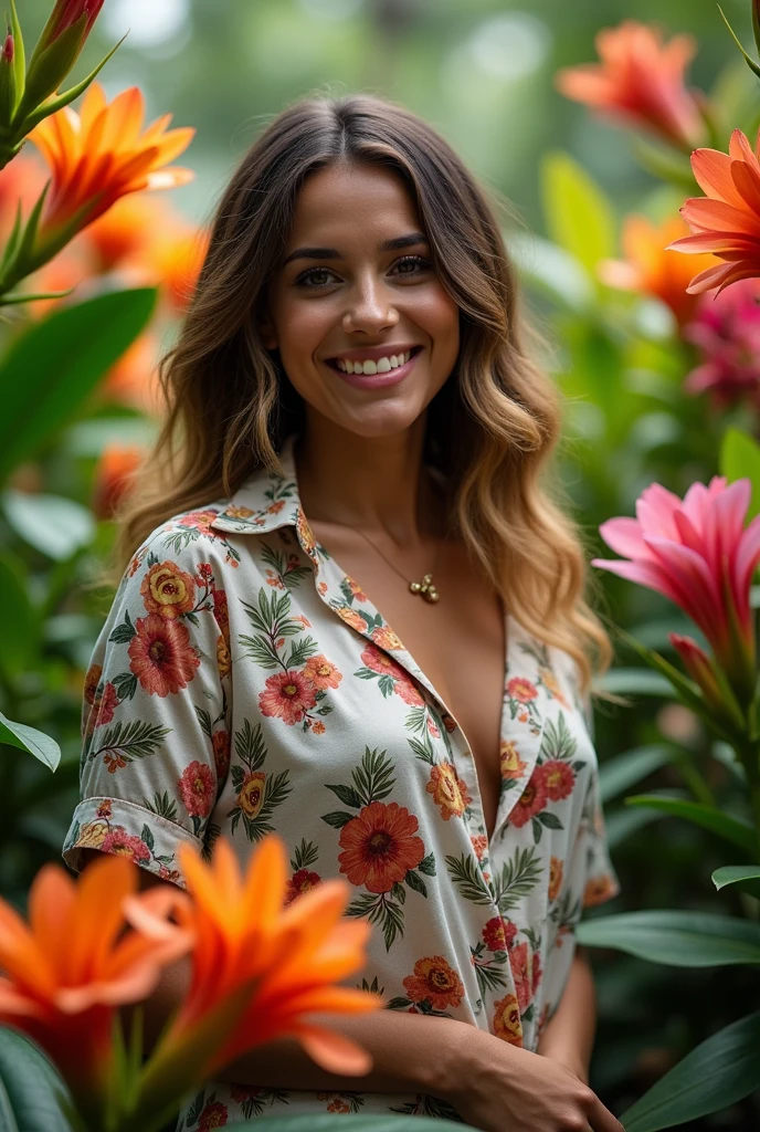 A Brazilian woman in a lush tropical garden, wearing an open shirt with a floral print, with a close-up capturing the harmonious beauty between her breasts and the natural flowers, showing off your natural charm and outgoing personality.
