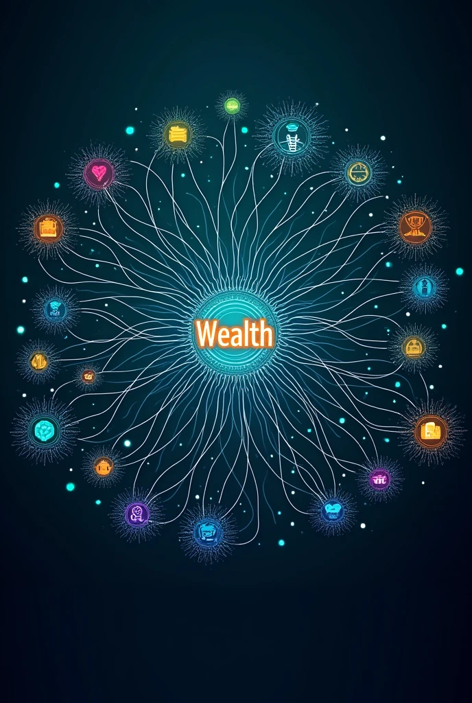 A mind map in the style of a neural network with ideas about wealth
