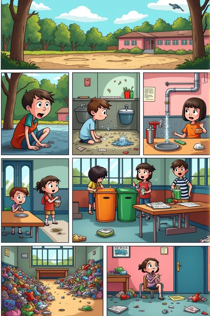 Give me 7 good cartoon illustrations where these 7 negative actions that harm the school are shown and listed:
1. Lack of green areas (First picture)
2.Public services (bathrooms) without much hygiene (second)
3.Water waste (leaky pipes) my role (third)
4.a lot of noise in the classroom and recess (fourth)
5.accumulation of solid waste (Fifth)
6.Visual pollution(graffiti on the desks and chairs) (sixth)
7.Proliferation of garbage in the classrooms and hallways(seventh)