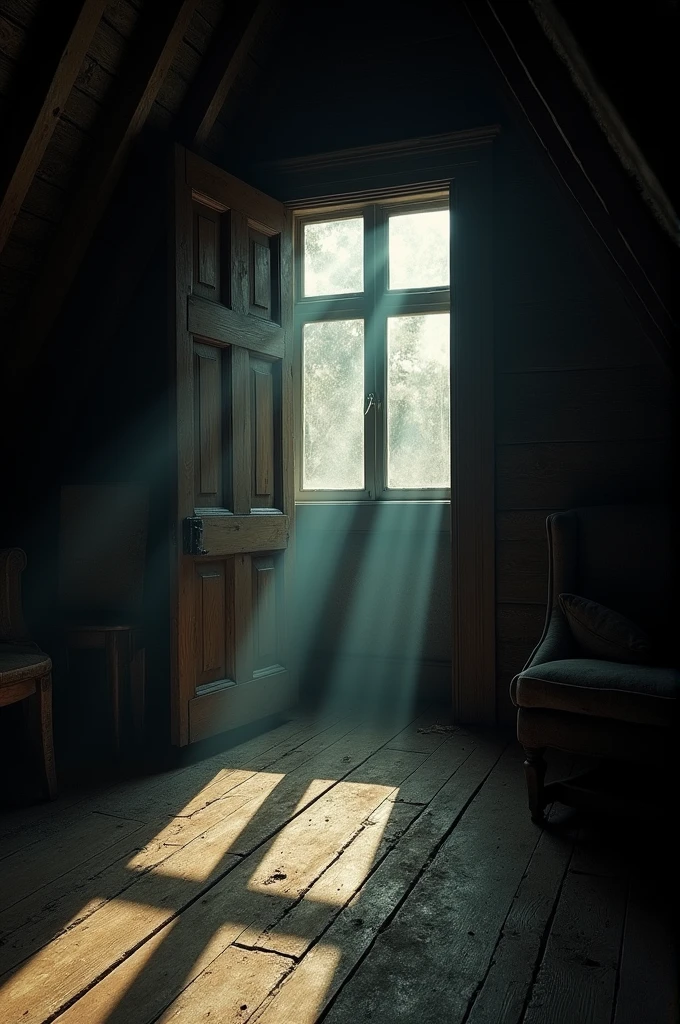 A dimly lit, cobweb-filled attic room. A creaking wooden door stands ajar, revealing a dark, shadowy interior