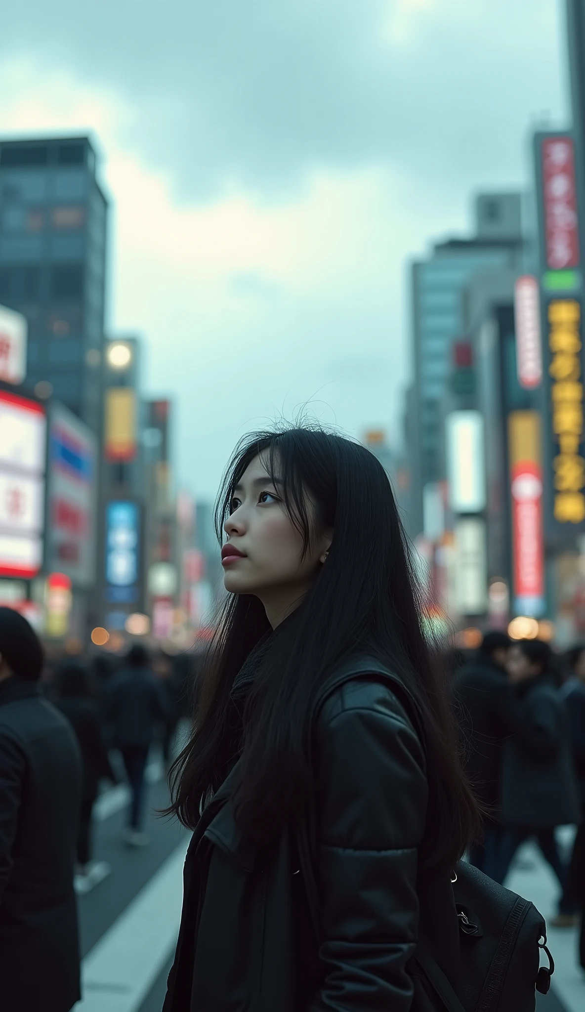 Shibuya Scramble Crossing、Cloudy、Depressed girl、Expressionless、Looking up at the sky、Upper Body、Black Hair、Japanese、Long Hair、Real、