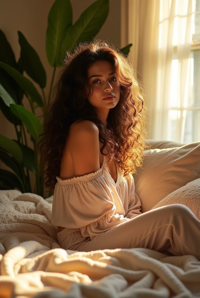 (photorealism:1.2), beautiful woman, sitting on bed, wearing loose off-shoulder top, pajama pants, long curly hair, indoors, soft lighting, plants in background, window with sunlight, cozy room, relaxed pose, realistic, intricate details, warm colors, by Greg Rutkowski, by Alphonse Mucha