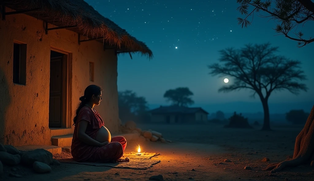 Pregnent women, 1000 years before, sad mood, Indian village, night time