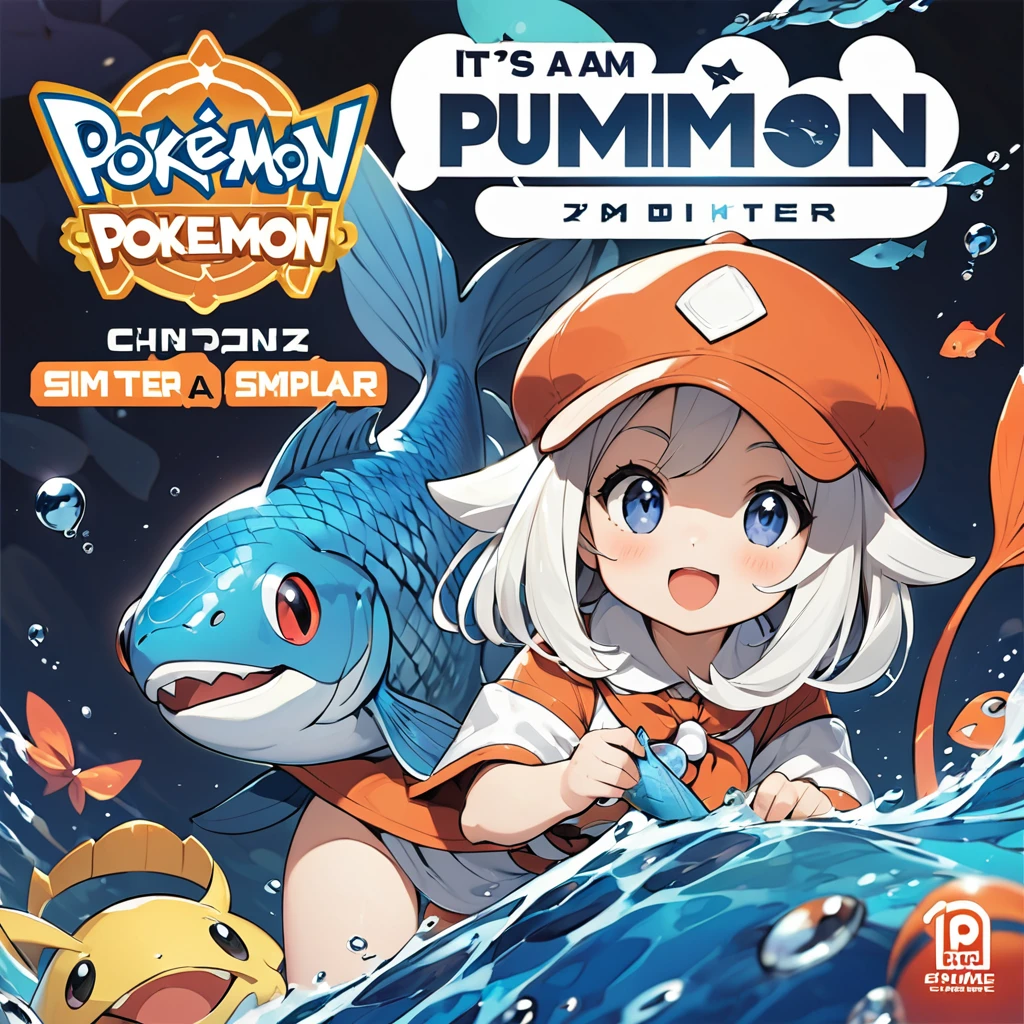 (masterpiece, best quality),game cover art,game title of "puimon",It's a game similar to Pokemon,girl wearing cap,and monster with a fish body,