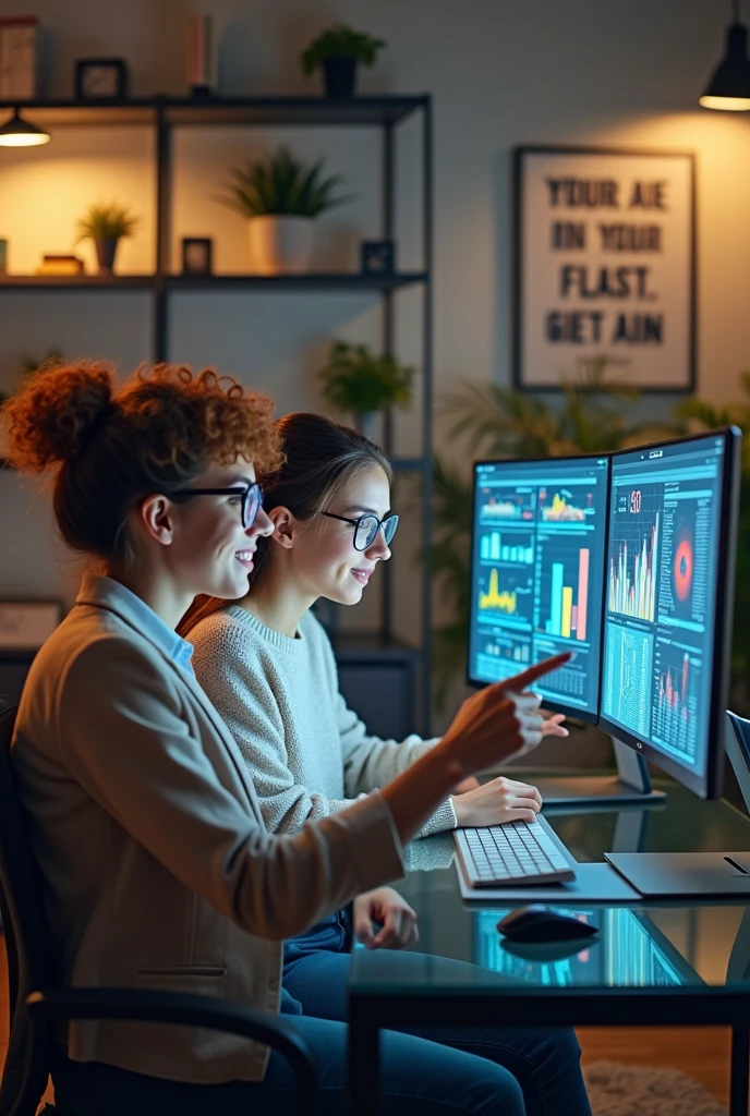 Two girls next to a computer analyzing graphs