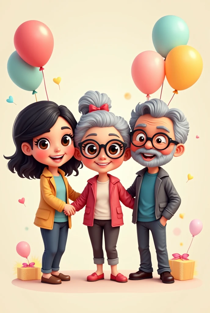 Draw these THREE PEOPLE together in a chibi style.:
1) white female 37 years old, with black hair to the shoulders, without bangs, and dark brown eyes.
2) 63-year-old woman with more or less dark skin, curly, gray hair and wears glasses) 65-year-old white male, has short, dark gray hair, wearing a goatee and glasses.