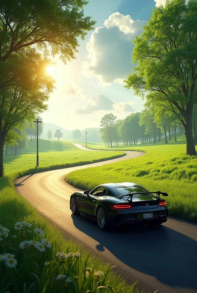 (photorealism:1.2),a car on the way to a field full of trees