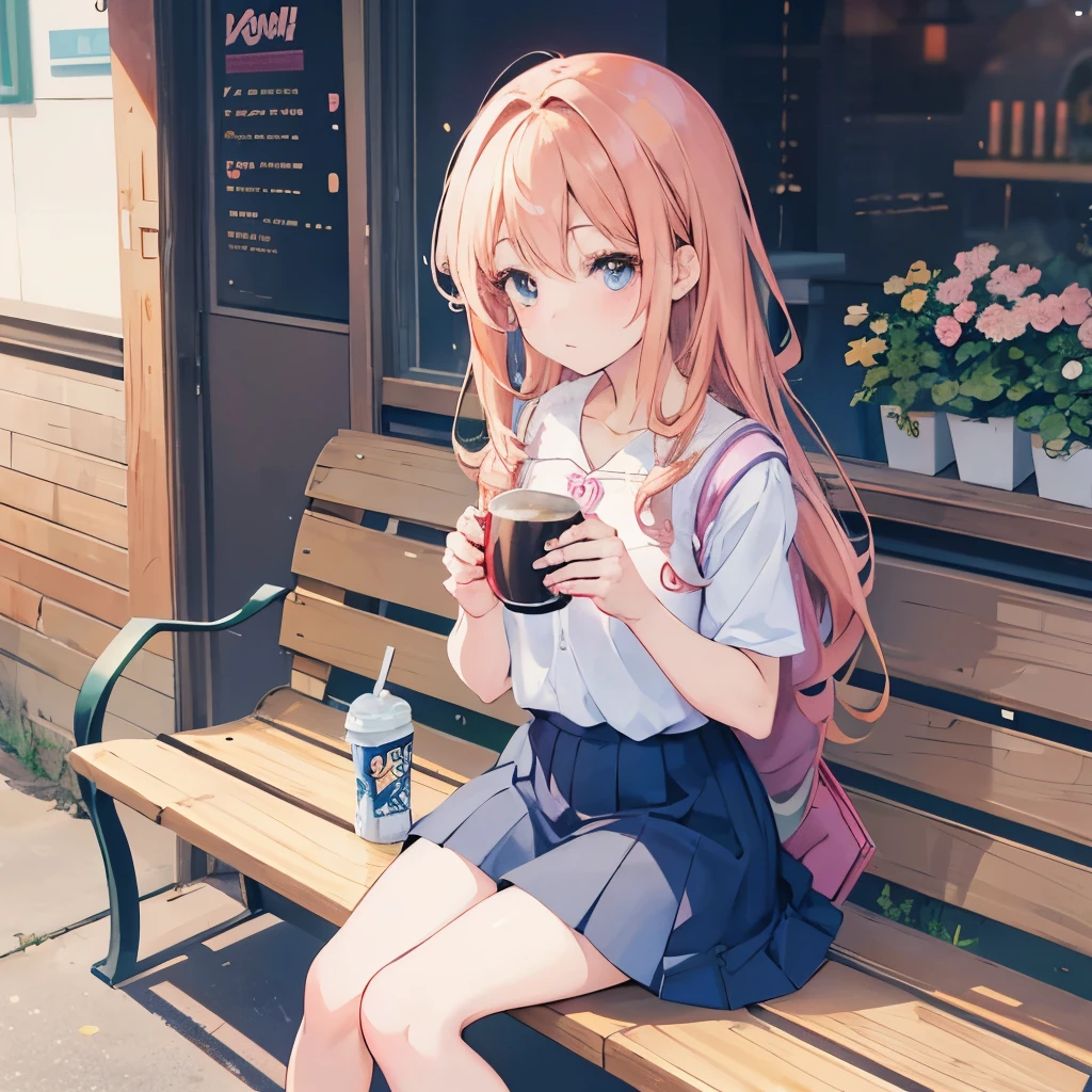 anime girl sitting on a bench with a cup of coffee, cute anime girl, anime style illustration, soda themed girl, beautiful anime high school girl, a hyperrealistic schoolgirl, anime girl, young anime girl, beautiful anime girl, anime girl drinks energy drink, anime style 4 k, digital anime illustration, retro anime girl, anime visual of a cute girl