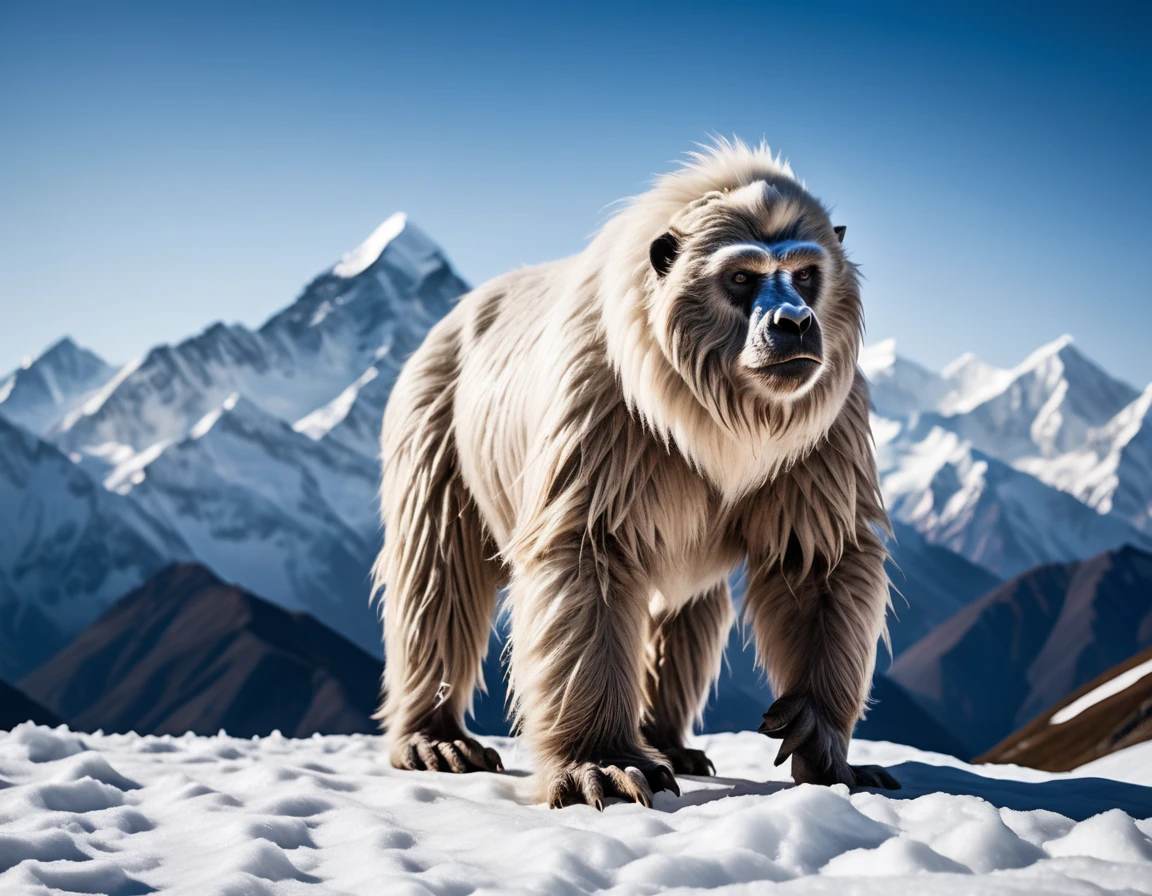 Deep in the Himalayas, A solitary Yeti, Covered in thick white fur, Snow covered mountain々Crossing the. Shot with a 100mm f/2.8 Lenses, The intricate detail of the Yeti's fur and the sharp contrast with the snowy landscape、Creates a mystical scene capturing the legendary mystery of the Himalayas。, 8k resolution, Ultra-high resolution, Digital SLR, Insane Details, Award-winning photo, 