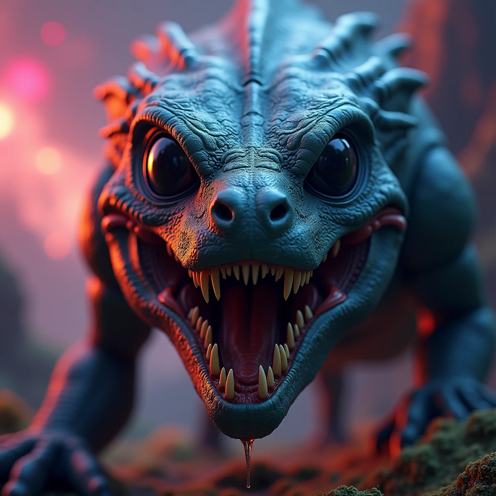 masterpiece , Best Quality, predator from another planet, close-up photo, looking straight at the camera hungry and with black eyes, mouth with drool, drops 8k uhd quality,