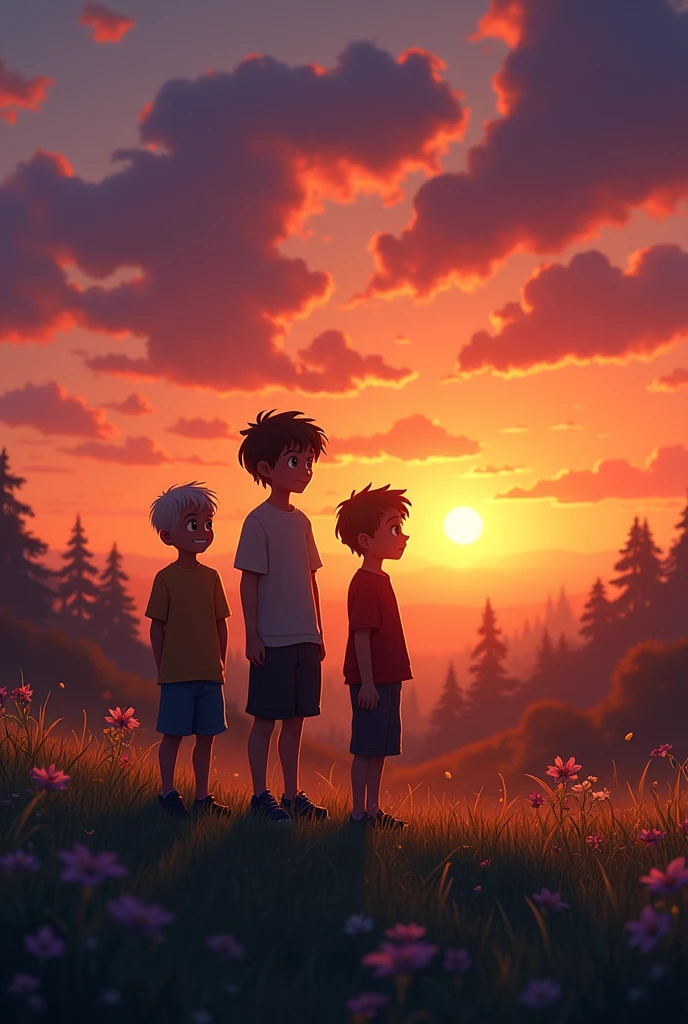Landscape of a sunset and 3 brothers watching the sunset