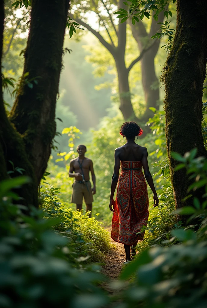 Chasseur surveille une femme africaine dans la forêt