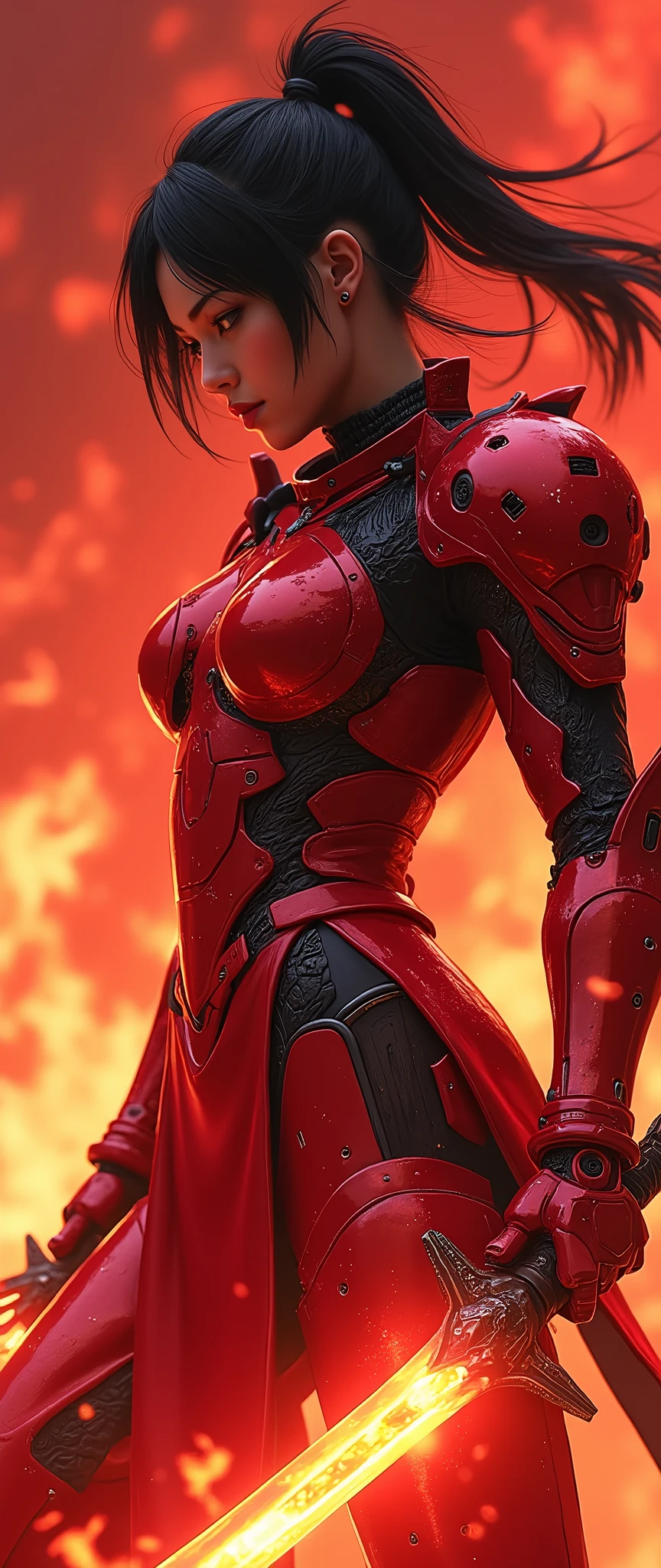 (masterpiece:1.2, Highest quality,High resolution,Super detailed),8k,wallpaper,(Very detailed),(Armored Core Style),Woman in ninja robot armor,Black Hair,Random Hairstyles,(Flame Ninja),(Red body),(Detailed face:1.3),(Detailed body:1.3),(Cowboy Shot:1.6),(The background is a red battlefield with a translucent dragon made of summoned flames.:2.0),Hair blowing in the wind,cyber punk,(dynamic),(Preparing for battle,Wield a giant sword with both hands:1.2,The electronic parts of the armor glow.:1.6),(Detailed hands:1.6),(Flashy special move effects:2.0)