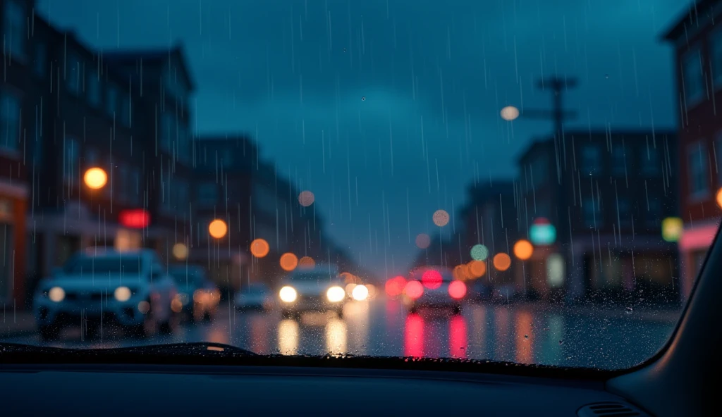 animation style, Illustration, The rainy night streets seen through the car window, shower, Raindrops running down the window pane