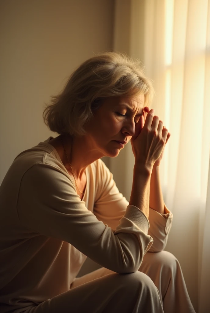 Middle-aged woman sitting with her hand on her head, head down and eyes closed, light background.