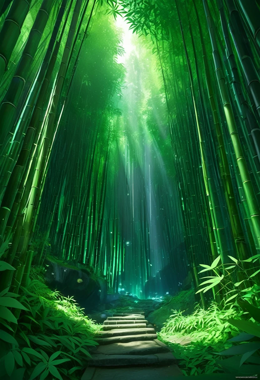 Grand Bamboo Grotto, A large and dense bamboo forest hidden inside a grotto cavern, Bamboo Forest, Green and Black color scheme only, Green and Black colors only, Green and Black, Made in Abyss, Stormlight Archive, Studio Ghibli, Anime Key Visual, by Makoto Shinkai, Deep Color, Intricate, 8k resolution concept art, Natural Lighting, Beautiful Composition, Xianxia style
