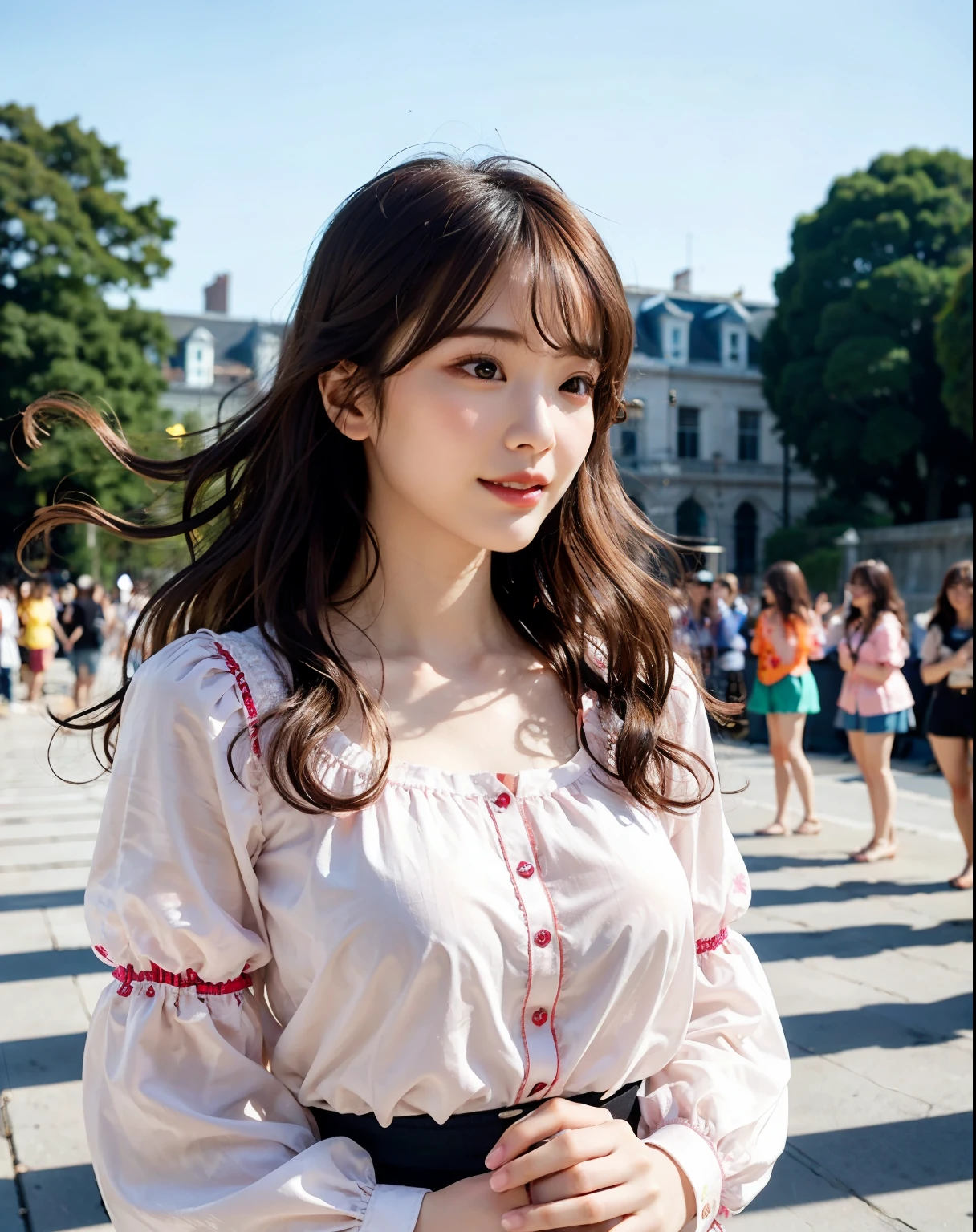 best quality, 1girl, (skindentation), (large breast), (day),  bright, blur background, outdoor, (street:0.6), (people, crowds:1), (wavy hair:1.5), (blouse:1.5), gorgeous, (floating hair:1.5), (dynamic pose:0.8), soft lighting, wind,  garden,
