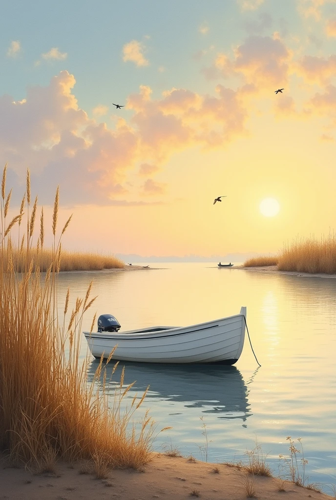 Painting of a small white boat surrounded by dry vegetation