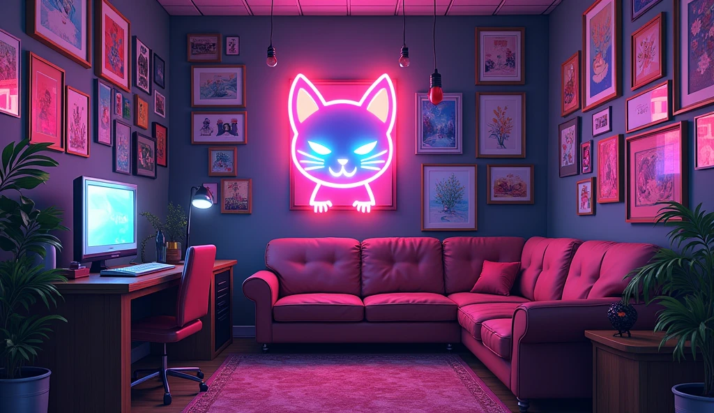 Anime Style、A room decorated with many paintings、cyber-、Big cat shaped neon,component