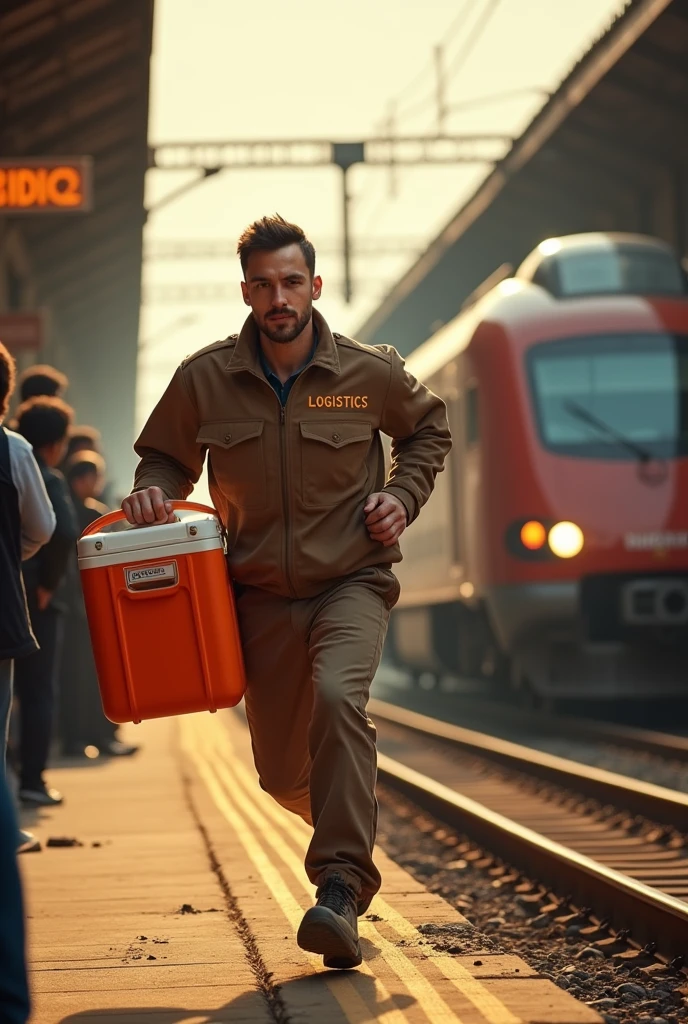 A young bearded man in a brown uniform with the word 'logistics' written on it is carrying a large orange coolbox and running after a moving train at a station.