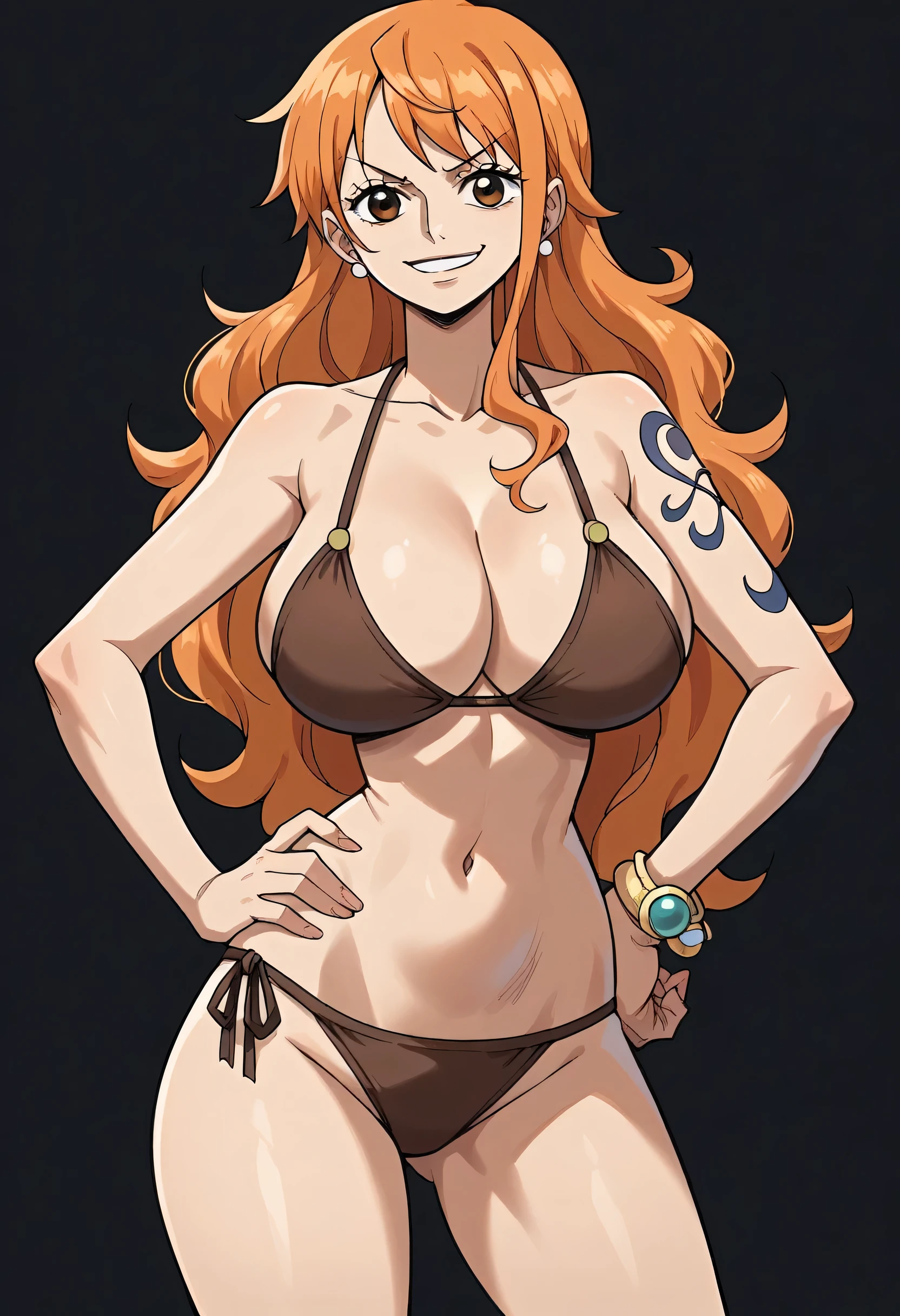 Masterpiece, best quality, Masterpiece, best quality, 1 woman, Nami , long orange hair , sly face , smirk , brown bikini , big breasts , abdomen , Put your hands on your hips.. , black background 