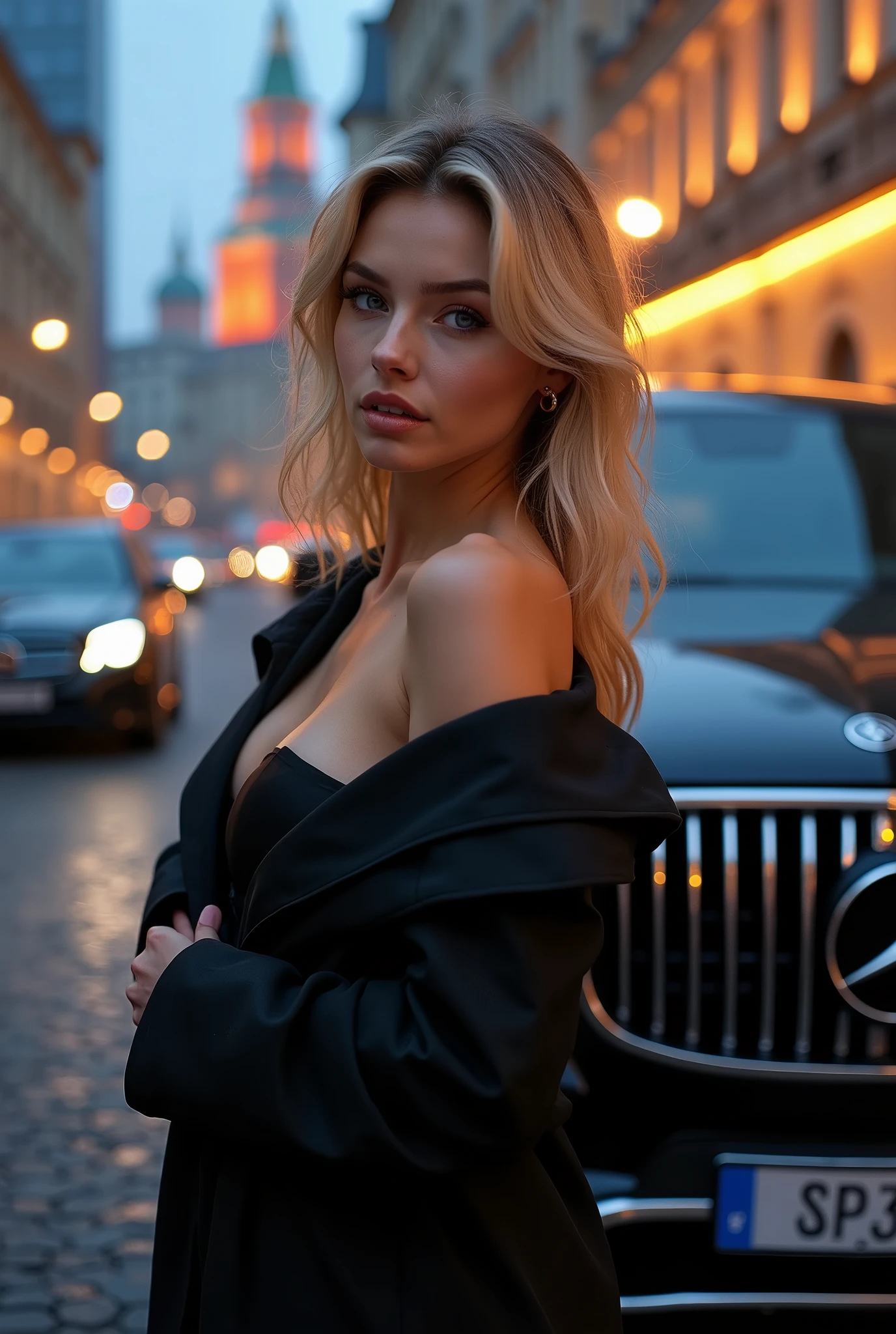 Beautiful 24-year-old blonde girl with blue eyes and big breasts is in Moscow posing next to a very expensive Mercedes SUV
 extremely detailed, realistic, photorealistic, high quality, 4k, 8k, masterpiece, ultra detailed, vivid colors, HDR, studio lighting, sharp focus, physical representation, professional portrait
