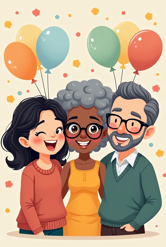 Draw these THREE PEOPLE together in a chibi style.:
1) white female 37 years old, with black hair to the shoulders, without bangs, and dark brown eyes.
2) 63-year-old dark-skinned woman, curly, gray hair and wears glasses) 65-year-old white male, has short, dark gray hair, wearing a goatee and glasses.