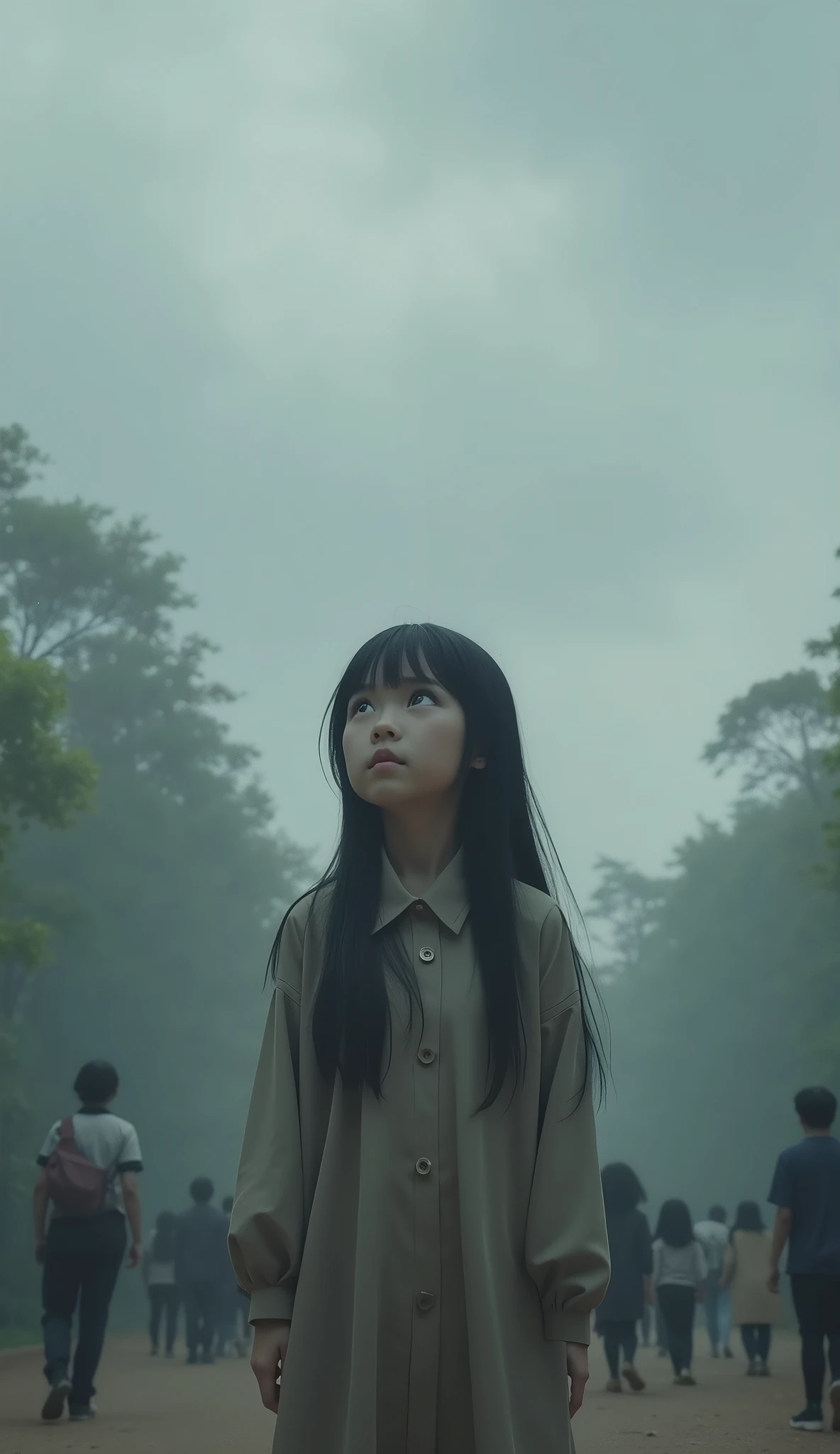 zoo、Cloudy、Depressed girl、Expressionless、Looking up at the sky、Upper Body、Black Hair、Japanese、Long Hair、Real、