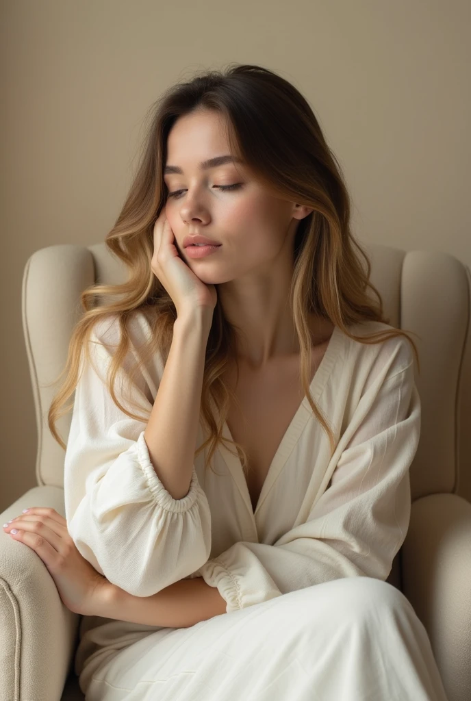 Young woman sitting with her hand on her head, head down and eyes closed, light background.