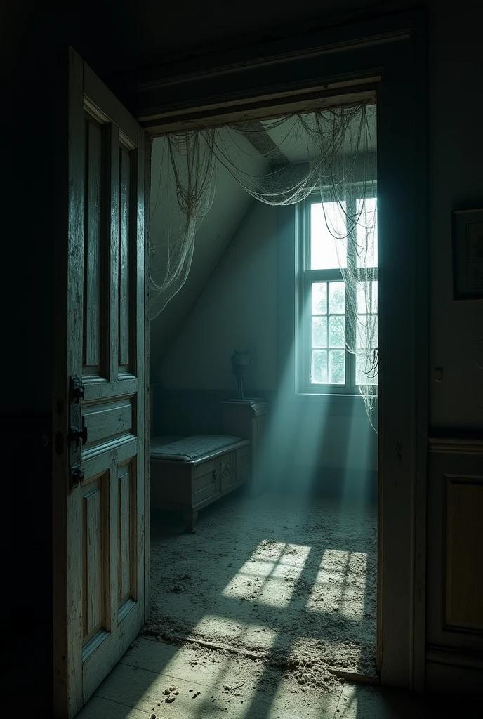 A dimly lit, cobweb-filled attic room. A creaking wooden door stands ajar, revealing a dark, shadowy interior